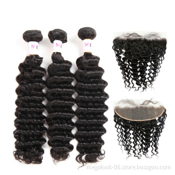 Deep wave 3 Human Hair bundle With 13x4 13x6 swiss Lace Frontal